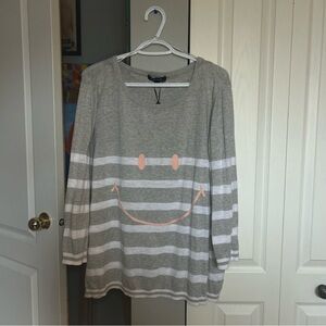 CHARLIE B Gray and White Striped Sweater with Pink Smiley